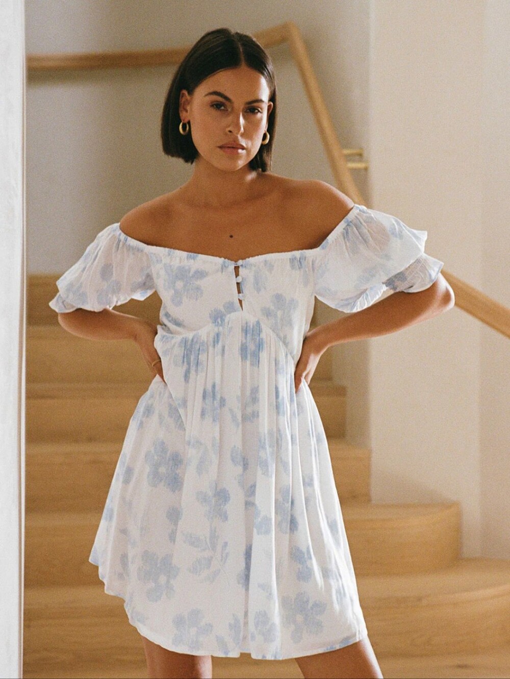 Sabo Birdie Mini Dress Blue Honey Floral Puff Sleeve Size  XS